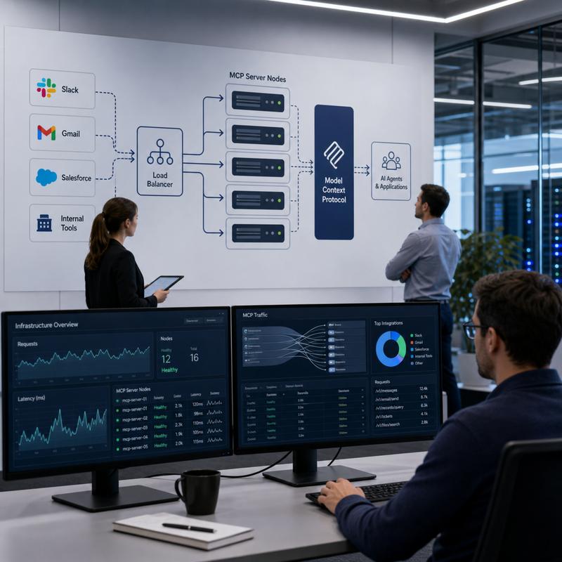 Schéma visuel d’une architecture MCP avec load balancer, serveurs MCP et connexions vers Slack, Gmail, Salesforce et outils internes