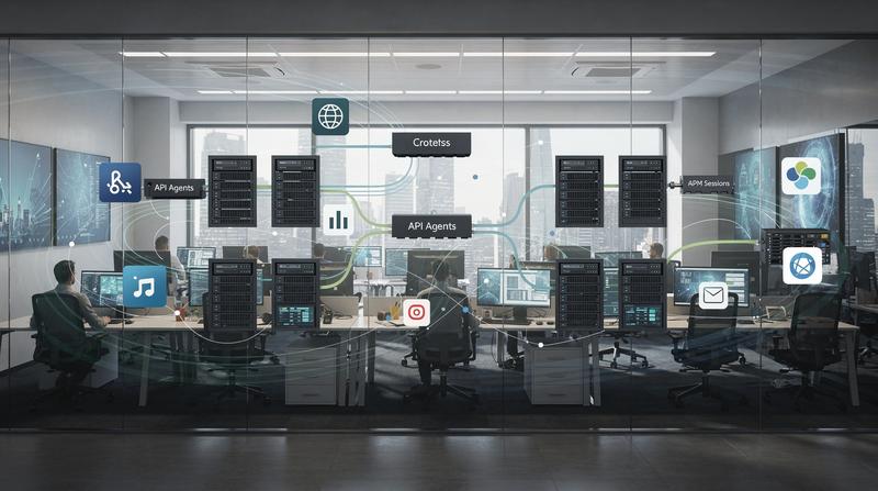 Illustration d’une infrastructure distribuée pour agents API avec serveurs, flux réseau et applications métier